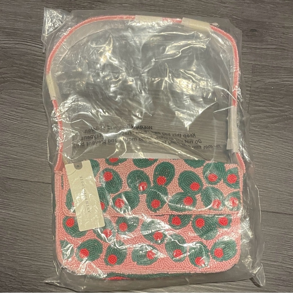 The Fiona Beaded Bag: Pink and Green Olive Patterned Pouch